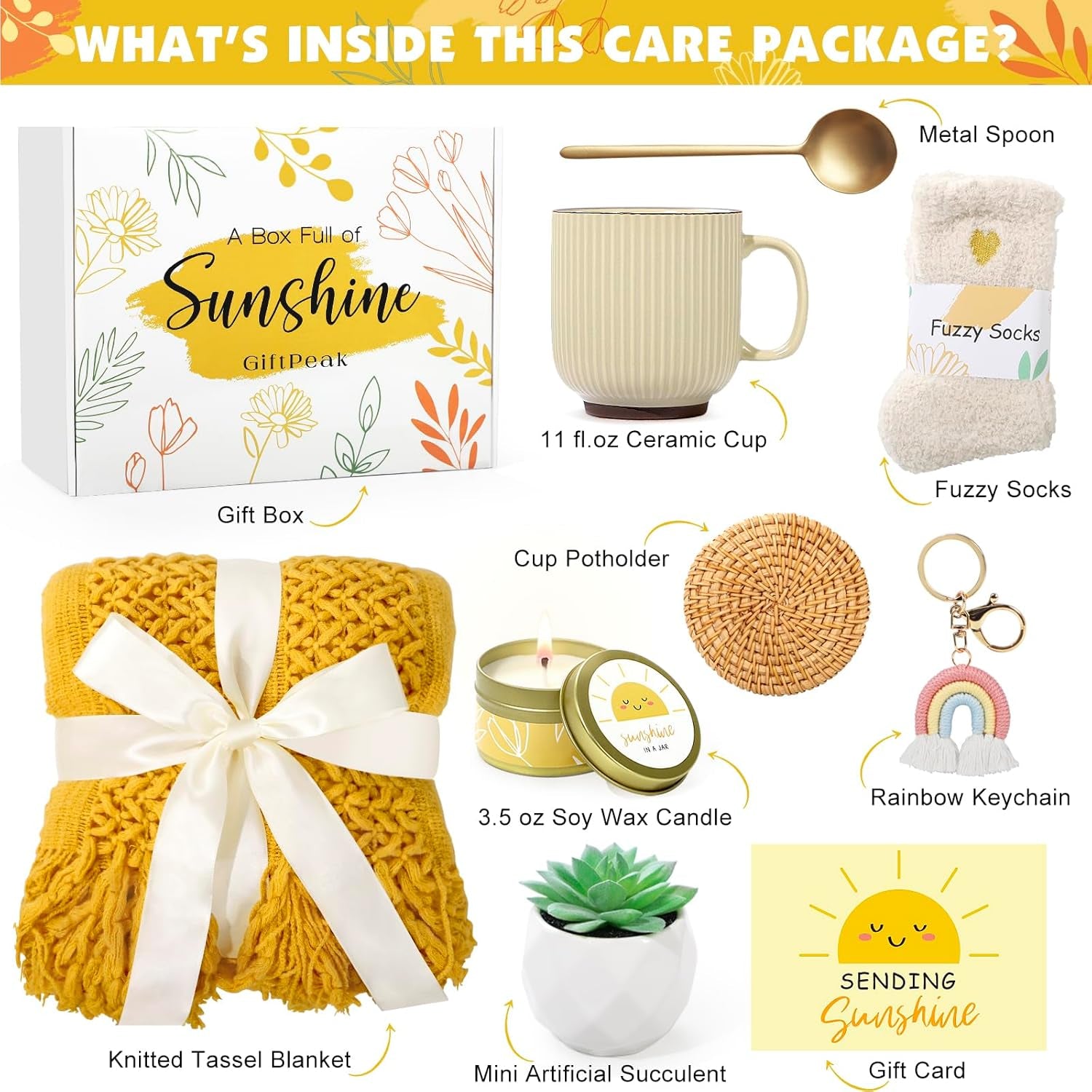 Sending Sunshine Care Package for Women, Birthday Gifts for Woman, Self Care Gift Baskets, Sunflower Gifts for Women, Get Well Soon Encouragement Gift for Her Sister Best Friend (Yellow)