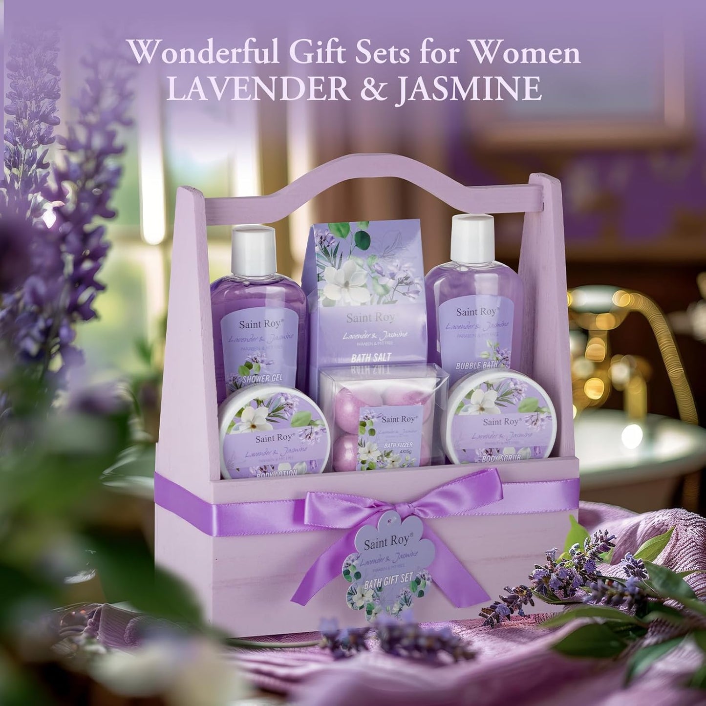 Spa Gift Basket for Women, Luxurious 13Pc Lavender Jasmine Bath Gift Set, Perfect Birthday & Mothers Gifts Idea, Relaxing Home Spa Kit with Body Wash, Bath Bombs, Bubble Bath, Body Lotion & More Gifts for Mothers Day