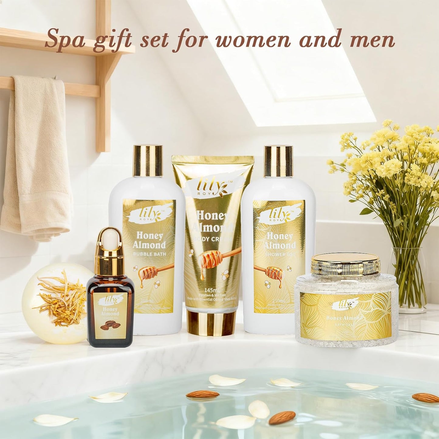 Christmas Gifts for Women - 7-Piece Honey Almond Spa Gift Set for Women, Bath & Body Gift Set, Bath Collection with Bath Bomb & More | Mothers Day, Birthday Gifts for Her, All Occasion Holiday Present