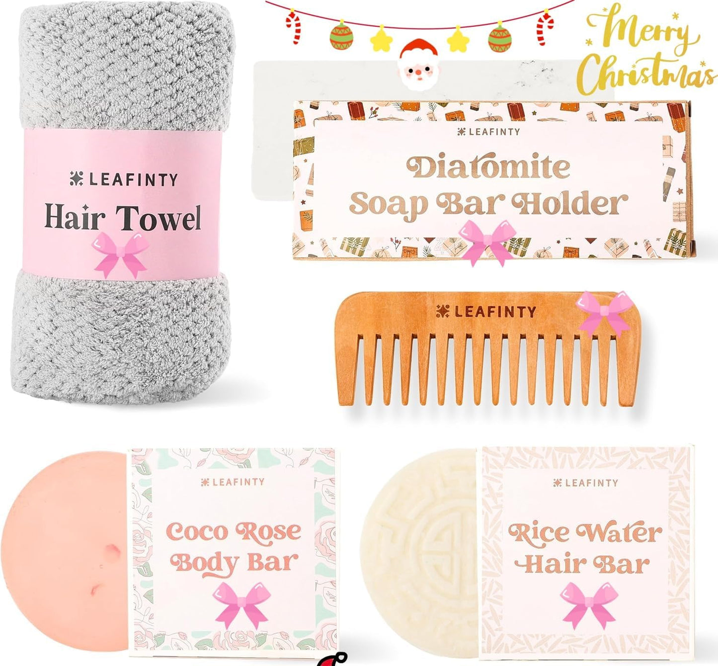 Bath Set for Women Christmas Beauty Spa Relaxation Kit: Includes Rice Shampoo Bar, Body Wash Bar, Soap Bar Holder, Wide-Tooth Hair Comb, and Microfiber Hair Towel – Perfect Bath Xmas Gifts for Women