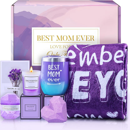 Gifts for Mom Women, Mother Gifts from Daughter Son, Relaxing Spa Gift Basket Set for Mom Sister Husband Mothers Day Gifts Bath Set Gift, Great Purple Blanket Gifts for Women