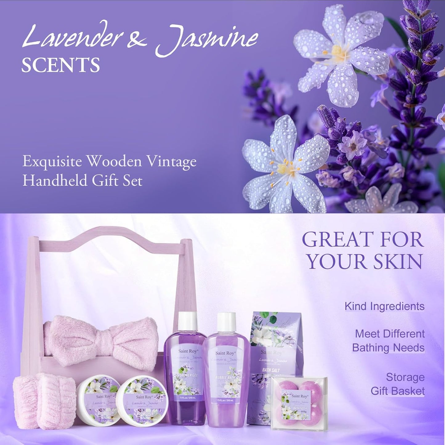 Spa Gift Basket for Women, Luxurious 13Pc Lavender Jasmine Bath Gift Set, Perfect Birthday & Mothers Gifts Idea, Relaxing Home Spa Kit with Body Wash, Bath Bombs, Bubble Bath, Body Lotion & More Gifts for Mothers Day