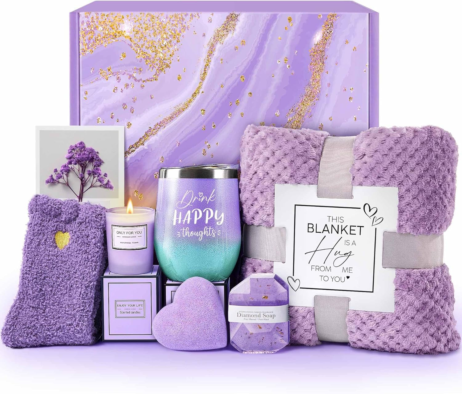 Birthday Gifts for Women, Self Care Get Well Soon Gifts, Lavender Relaxing Spa Gift Basket Care Package W Blanket, Valentines Mothers Day Christmas Gifts for Mom Grandma Wife Girlfriend Friends Sister
