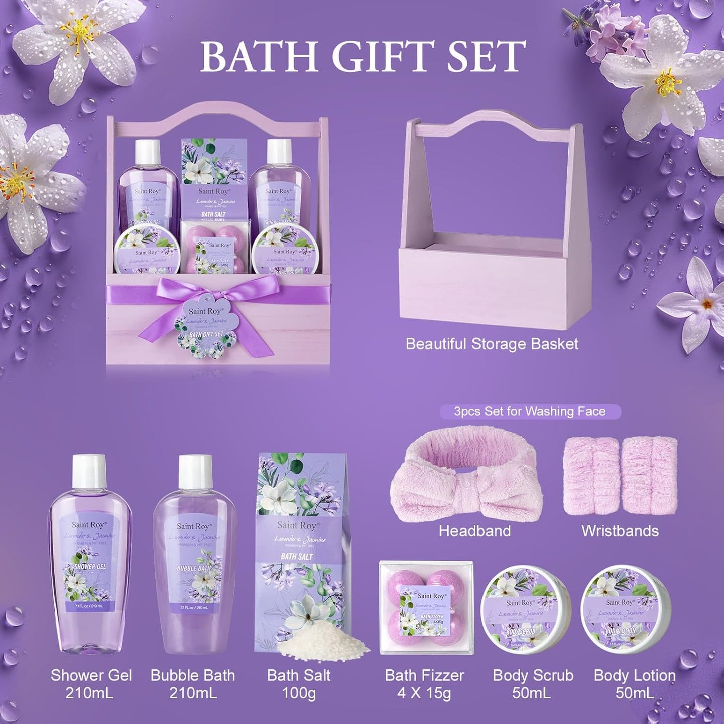 Spa Gift Basket for Women, Luxurious 13Pc Lavender Jasmine Bath Gift Set, Perfect Birthday & Mothers Gifts Idea, Relaxing Home Spa Kit with Body Wash, Bath Bombs, Bubble Bath, Body Lotion & More Gifts for Mothers Day